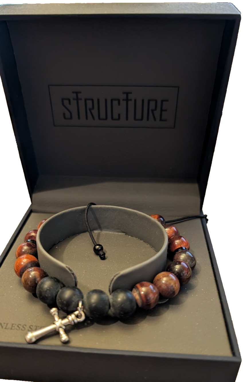 Structure Black & Brown Tigers Eye Bead Bracelet w/ Stainless Steel Cross NEW
